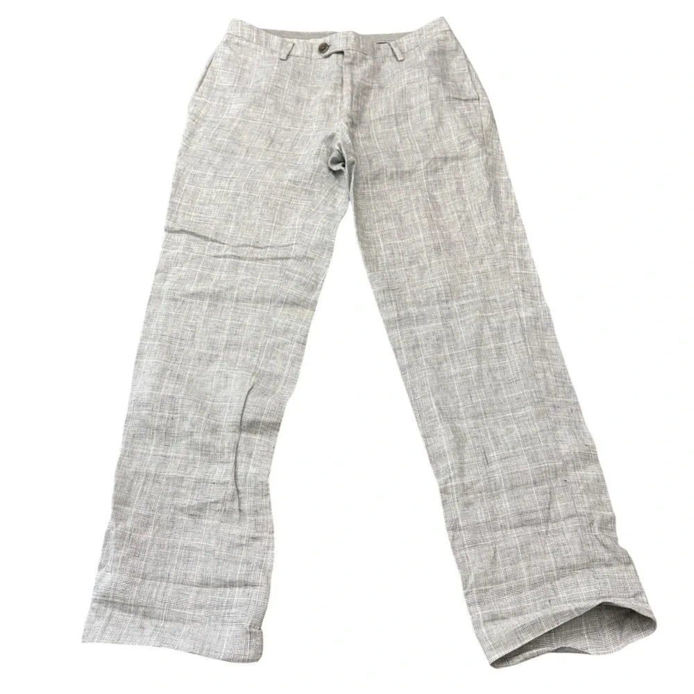 Bonobos Men's 100% Linen Trousers 31x32 Grey Fine Check Summer Dress Pants